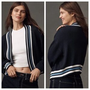 Maeve Waffle Knit Cardigan Sweater Open Front Long Sleeve Navy Anthropologie